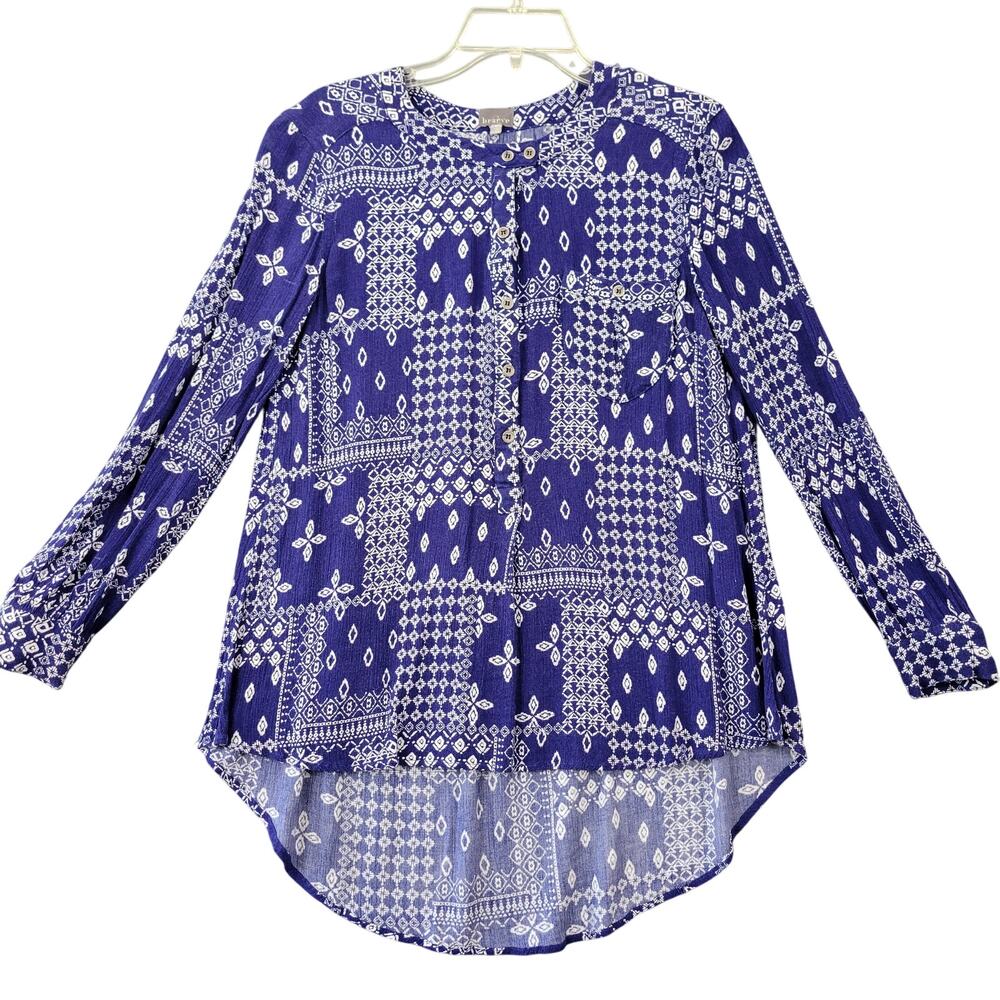 Braeve Blue Floral Shirt Womens Size M Sheer Lightweight Classic 3/4 Sleeves Top